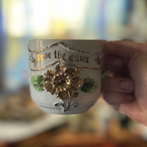 Antique Vtg Made in Germany Porcelain Embossed Floral "Love the Giver" Mug, Cup - Picture 7 of 13
